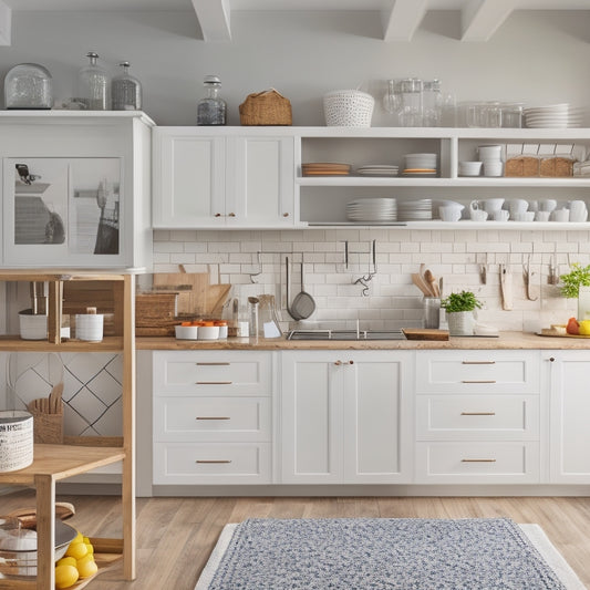 A modern kitchen with sleek, white cabinets, a large island with built-in drawers, and a pegboard on the wall with hanging utensils and a few Cook's Illustrated magazines.