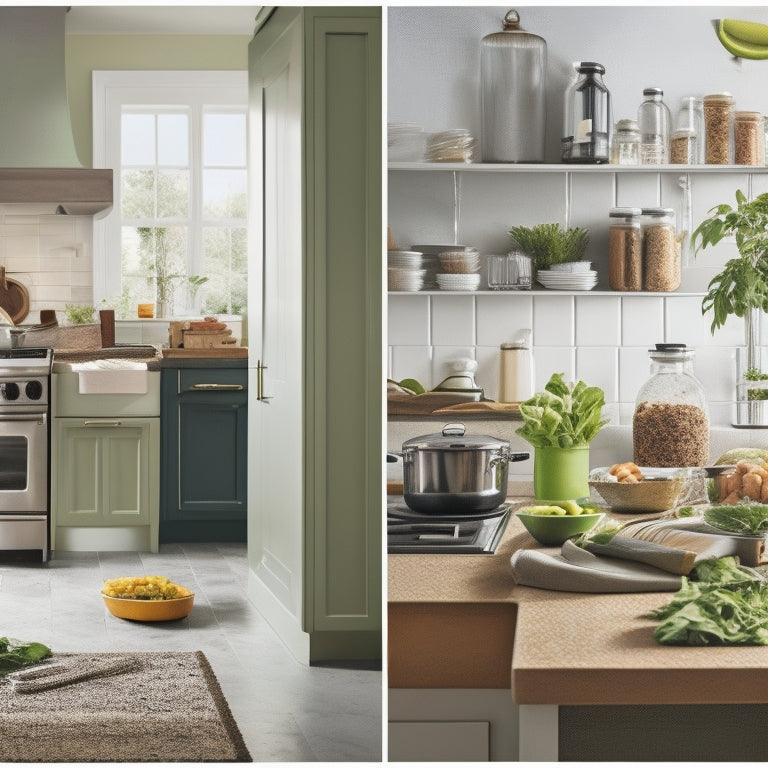 A split-screen image: a cluttered kitchen with gluten-filled products and utensils in disarray, versus a clean and organized gluten-free kitchen with a few sleek appliances and a fresh green smoothie on the counter.