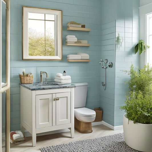 A bright, modern bathroom with a wall-mounted cabinet featuring a mirrored door, a recessed shelf with woven baskets, and a pedestal sink with a slide-out storage drawer.