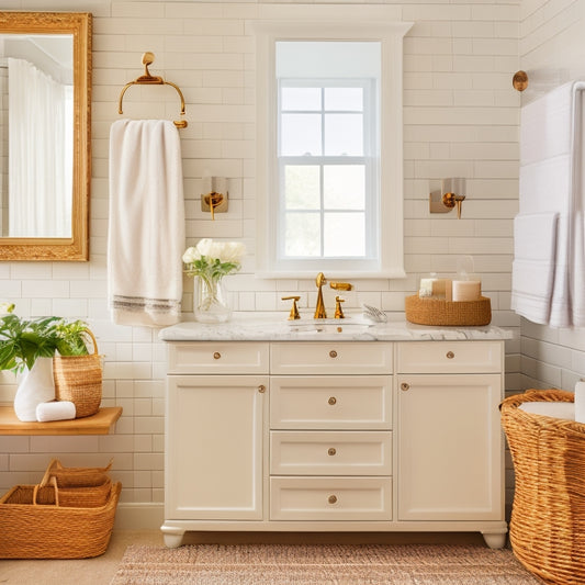 A serene, well-lit guest bathroom with a sleek, white vanity featuring a spacious, open shelf underneath, adorned with woven baskets and decorative containers, alongside a few stylish, rolled towels.