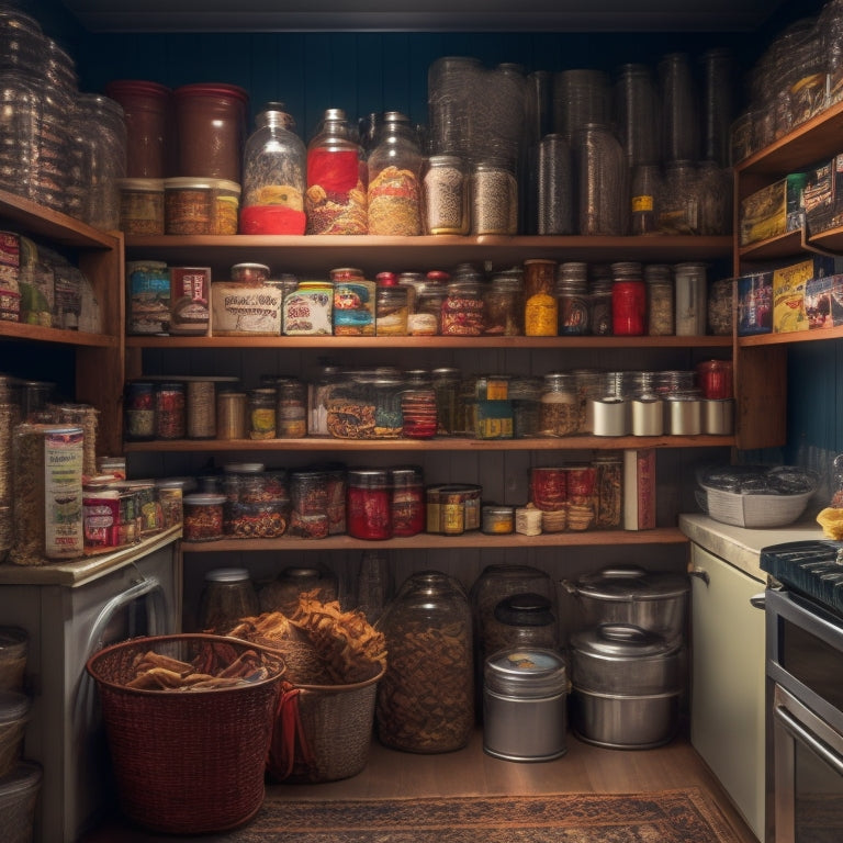 A cluttered corner kitchen pantry with open shelves, overflowing with mismatched containers, tangled cords, and expired canned goods, surrounded by a dimly lit and worn-out kitchen background.