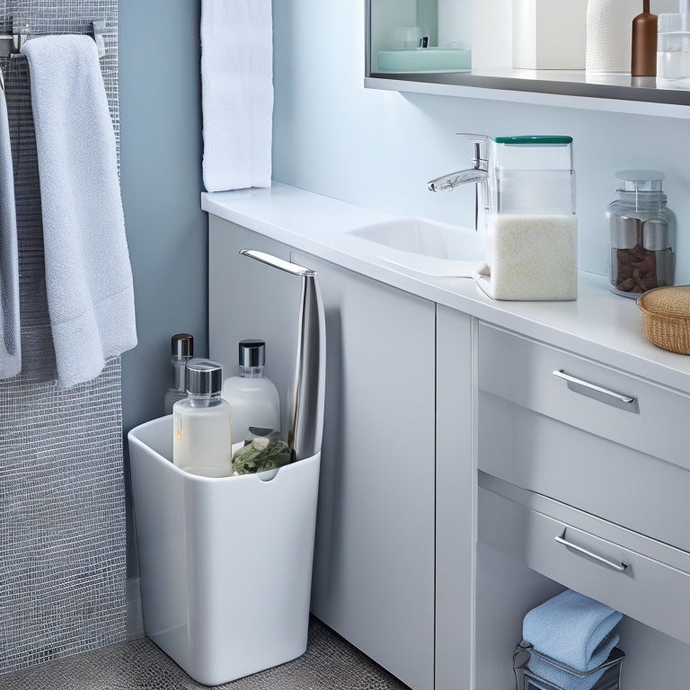 A tidy, modern under-sink area with a pedestal sink, sleek chrome faucet, and a wall-mounted, slide-out trash can; a pull-out drawer organizer with baskets and a soap dispenser.