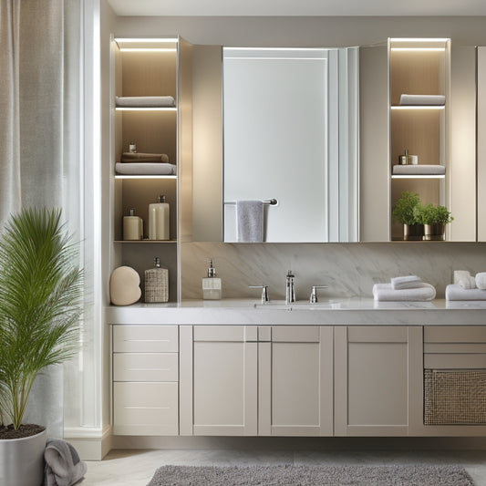 A serene bathroom with a sleek, wall-mounted grooming organizer featuring multiple, mirrored drawers and a built-in, stainless steel razor holder, surrounded by spa-like ambiance and soft, warm lighting.