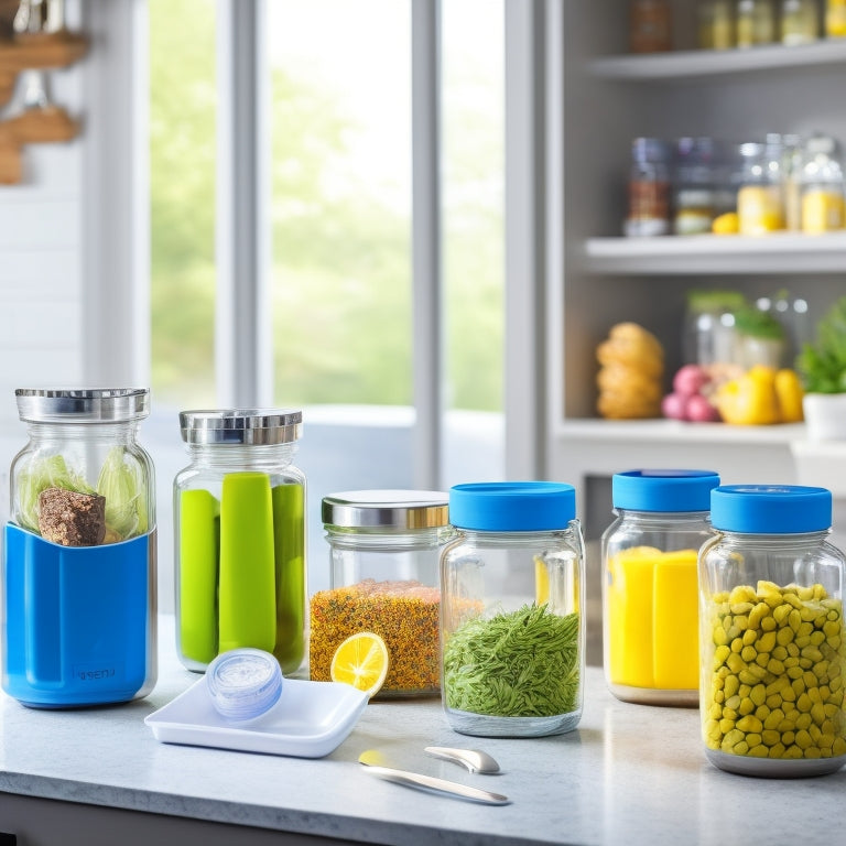 A bright, modern kitchen countertop with a variety of colorful, labeled food containers in the background, and a single Jokari erasable label on a jar in the foreground, with a faint erased mark.