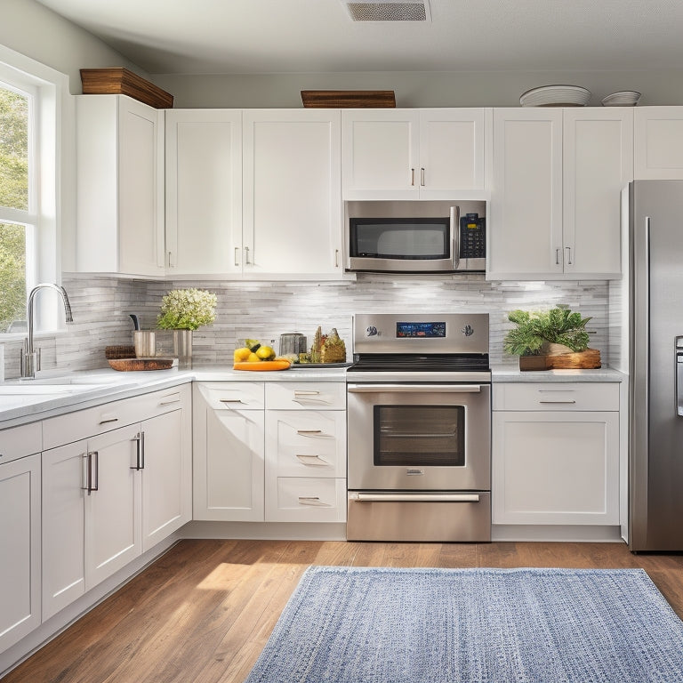 A bright, modern kitchen with sleek white cabinets, stainless steel appliances, and warm wooden accents, featuring a pull-out pantry, slide-out drawers, and a utensil organizer on the backsplash.