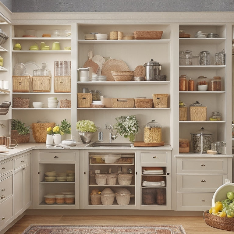 A clutter-free kitchen with a corner cabinet featuring a lazy Susan, pull-out baskets, and adjustable shelves, with a few cookbooks, utensils, and dinnerware organized and easily accessible.