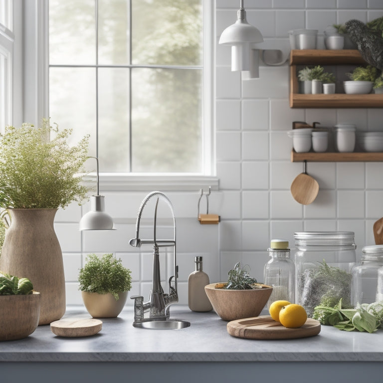 A clean and modern kitchen with a sink featuring a lid rack, surrounded by fresh produce, herbs, and a few jars with visible contents, with a subtle hint of natural light.