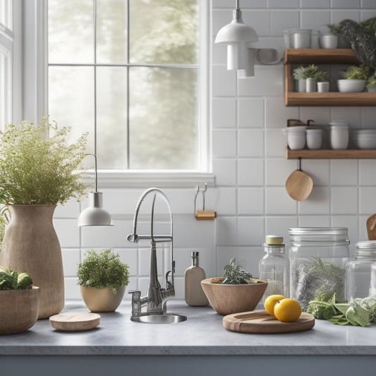 A clean and modern kitchen with a sink featuring a lid rack, surrounded by fresh produce, herbs, and a few jars with visible contents, with a subtle hint of natural light.