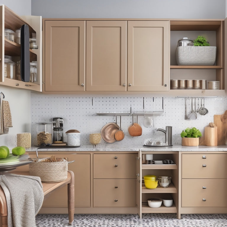 A tidy, modern kitchen with 10 clever storage solutions: a carousel in a corner cabinet, a pull-out spice rack, a hanging utensil organizer, and more, all in a warm, inviting color scheme.