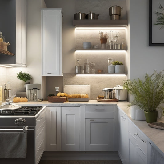 A well-lit, modern kitchen corner with a sleek, white countertop, featuring a tiered spice rack, a utensil organizer, and a slide-out trash can, all neatly arranged and clutter-free.