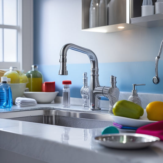 A modern kitchen sink with sleek, stainless steel faucet and gleaming chrome accents, surrounded by colorful soap dispensers, towels, and a few strategically placed water droplets.