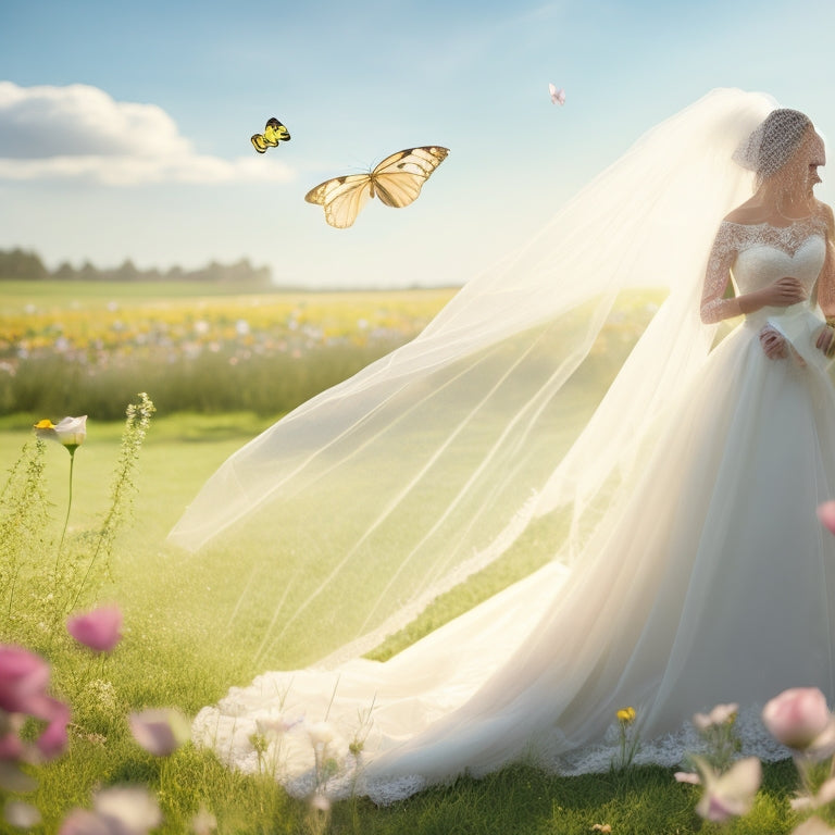 A whimsical illustration of a delicate, lace-trimmed wedding veil floating above a lush green meadow, surrounded by fluttering butterflies and scattered rose petals, with a sunny sky in the background.