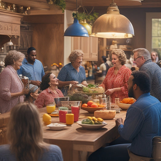 A vibrant, well-lit kitchen with a large, wooden island at its center, surrounded by stools, where people of diverse ages and backgrounds gather, cooking, laughing, and sharing food together.