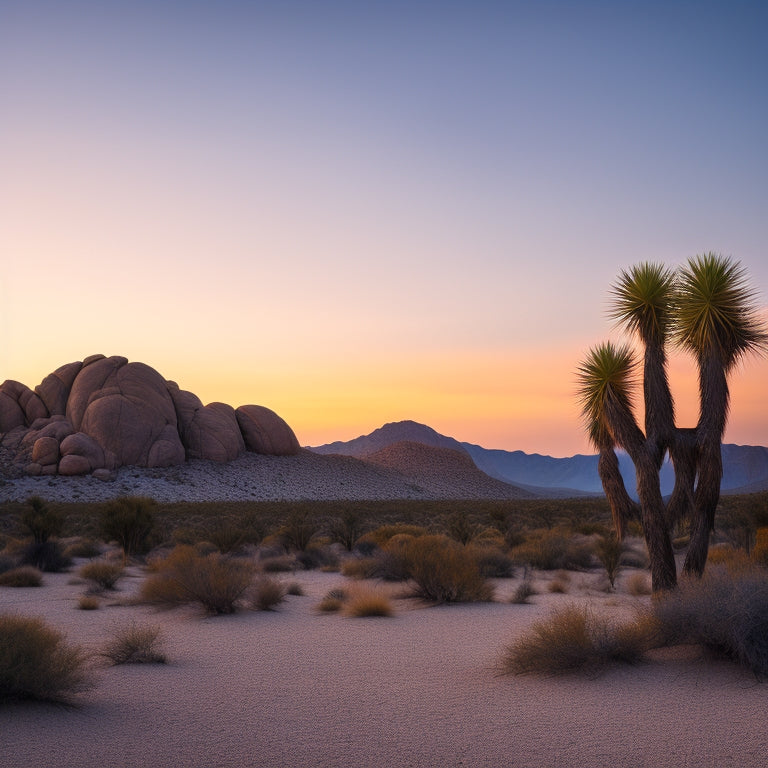 A serene Joshua Tree landscape at dusk, with a majestic rock formation resembling a sail, set against a vibrant blue and orange gradient sky, surrounded by sparse desert vegetation.