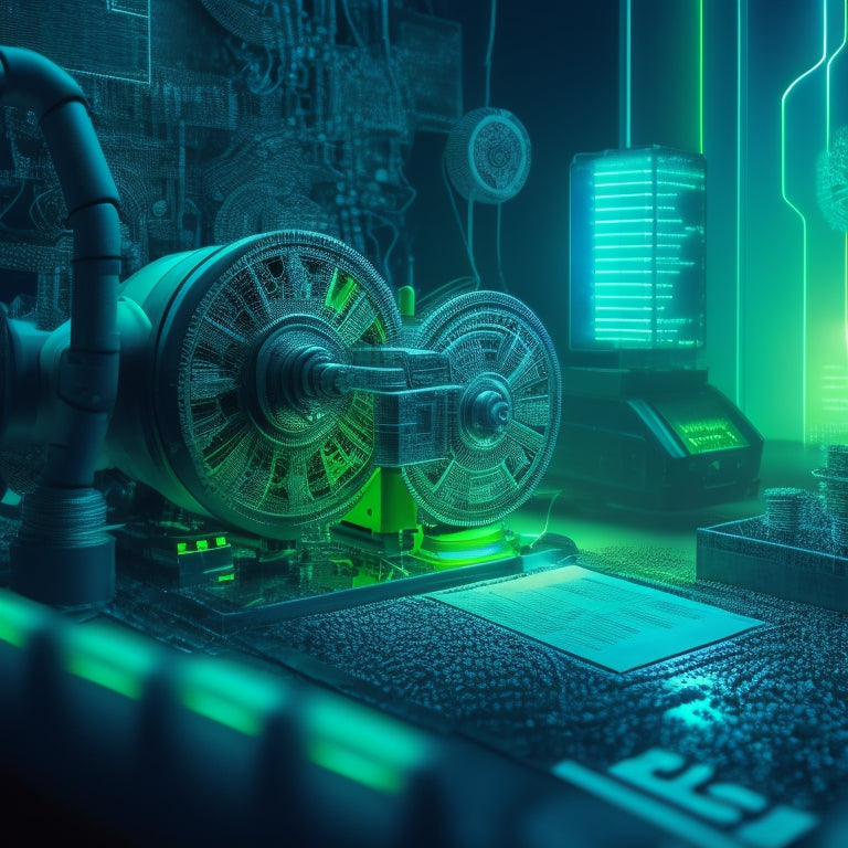 An abstract illustration featuring interconnected gears, circuits, and robotic arms, surrounded by a subtle grid of invoices and payment slips, set against a dark blue background with neon green accents.