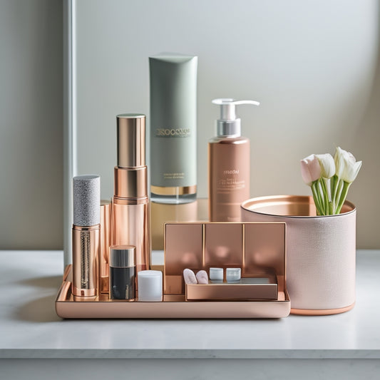 A stylish, minimalist vanity with a sleek, silver tray holding a few, carefully curated skincare products, surrounded by a few, neatly rolled towels and a petite, rose-gold makeup organizer.