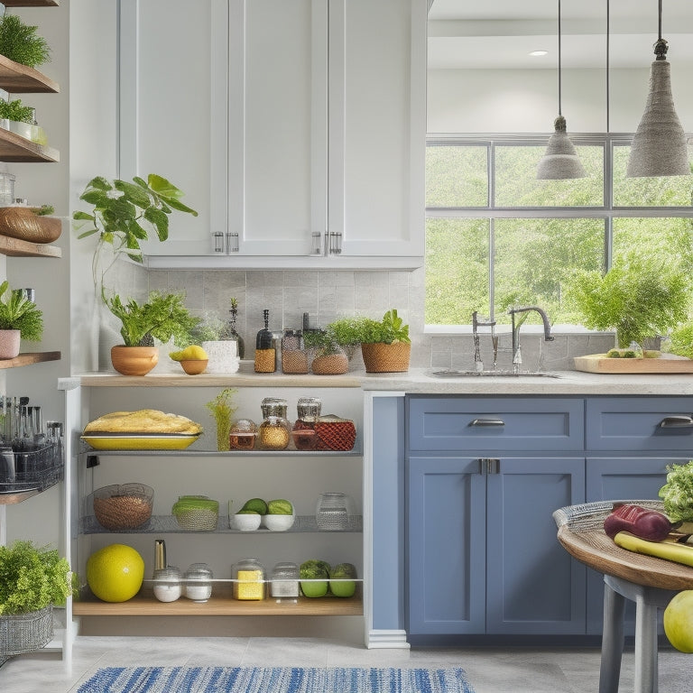 A bright, organized kitchen with a mix of open and closed storage, featuring a utensil organizer, a tiered spice rack, a pull-out pantry, and a countertop fruit bowl, surrounded by lush greenery.