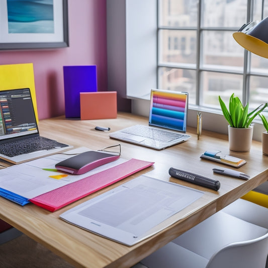 A bright, modern workspace with a laptop open to a Google Sheets page, surrounded by colorful pens, a clock, and a few sheets of paper with checkboxes and tasks lists, amidst a subtle background of blurred office furniture.