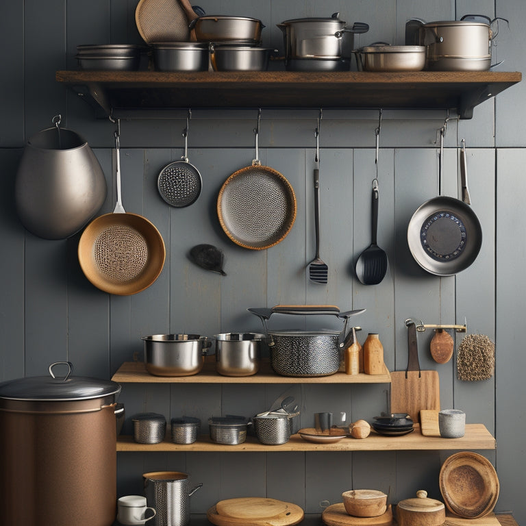 A tidy kitchen with a mix of metal and silicone pots and pans of various sizes, neatly stacked and hung from a pegboard, with a few suspended from hooks, amidst a subtle wood-grain background.