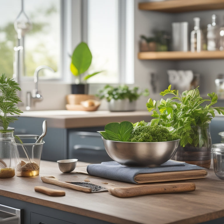 A tidy kitchen countertop with a wooden utensil organizer, holding a neatly arranged set of stainless steel kitchen tools, surrounded by a few cookbooks and a small potted herb plant.