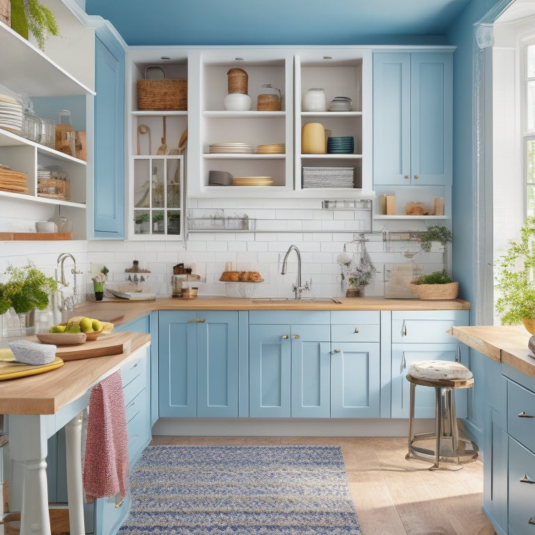 A bright, airy small kitchen with a mix of open and closed storage, featuring a pull-out pantry, a wall-mounted utensil organizer, and a compact island with built-in bins and a foldable breakfast bar.