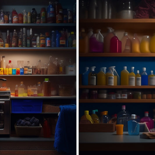 A split-screen image featuring a cluttered, dimly lit shelf overflowing with brightly colored, chemical-laden cleaning products on one side, and a sparse, well-lit shelf with natural, eco-friendly alternatives on the other.