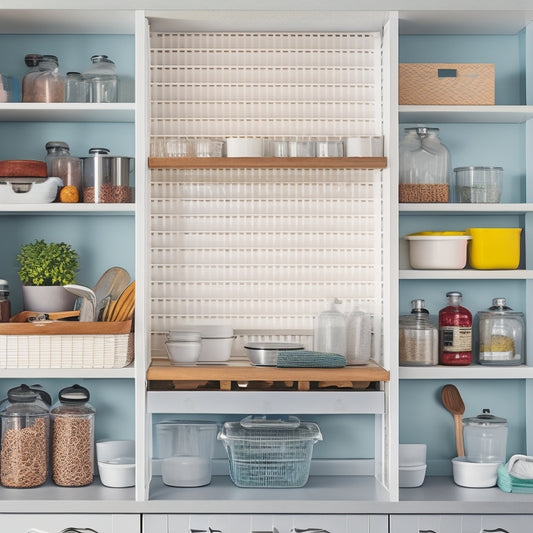 A bright, organized kitchen with a mix of open and closed lid storage solutions, including a pegboard with hanging lids, a countertop lid rack, and a cabinet with stacked, labeled lid organizers.