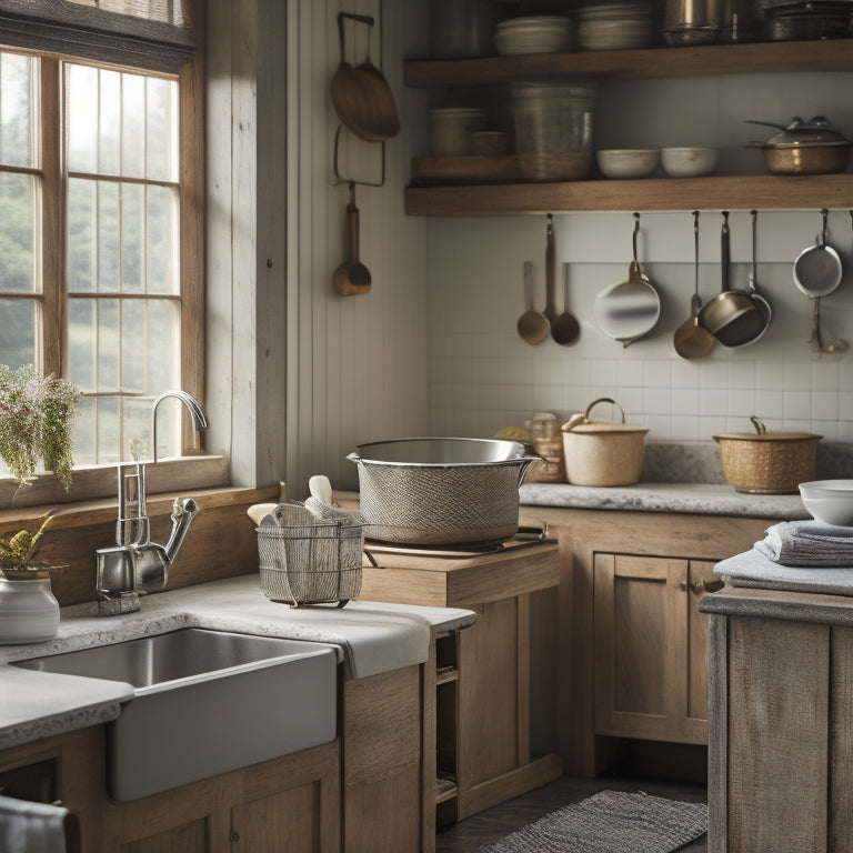 A serene farmhouse kitchen with a large, apron-front sink surrounded by organized utensils, soap dispensers, and scrubbers, all neatly stored in rustic wooden and metal holders.