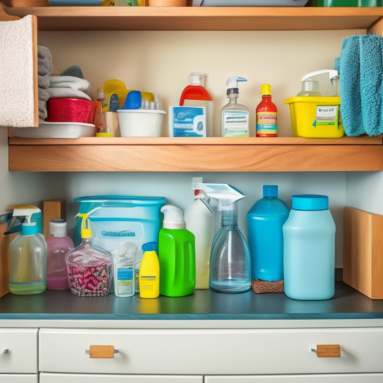 A cluttered under-sink cabinet with bottles, sponges, and cleaning supplies scattered chaotically, contrasted with a tidy, organized version using the Fodayuse Under Sink Organizer, with items neatly arranged and visible.