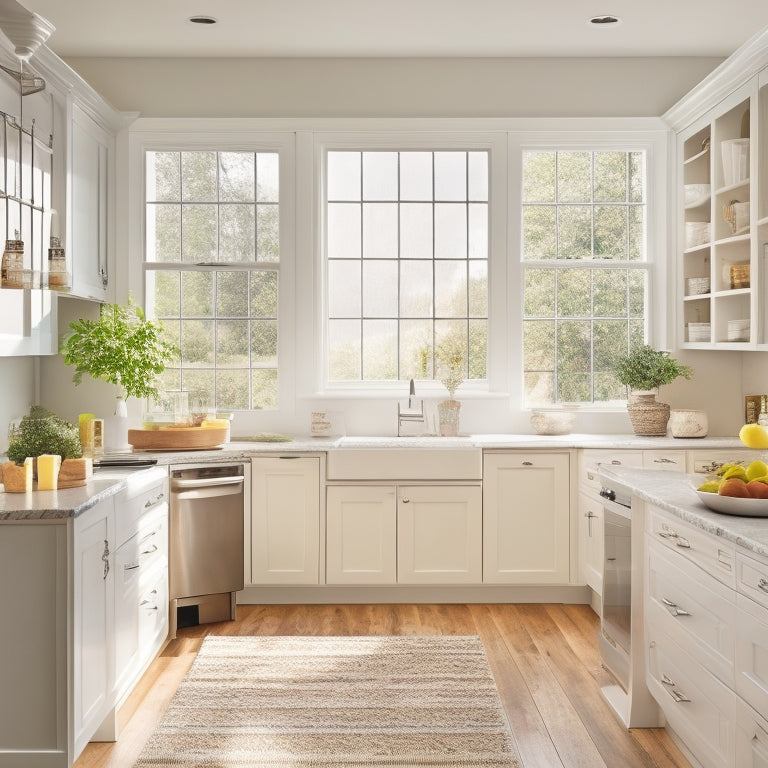 A bright, modern kitchen with sleek white cabinets, warm wood flooring, and a large window letting in natural light, featuring a corner carousel unit with tiered shelves and a pull-out basket.