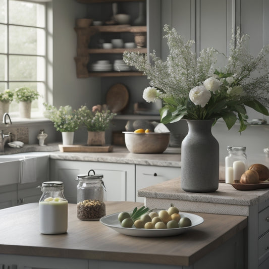 A serene, well-lit kitchen with a minimalist aesthetic, featuring a tidy island, spotless countertops, a few strategically placed canisters, and a single, artfully arranged vase of fresh flowers on a rustic wooden table.