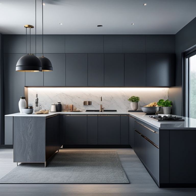 A modern kitchen with sleek, handle-less cabinets in a combination of matte black and white finishes, surrounded by minimalist lighting, a large island, and a stunning stone backsplash.