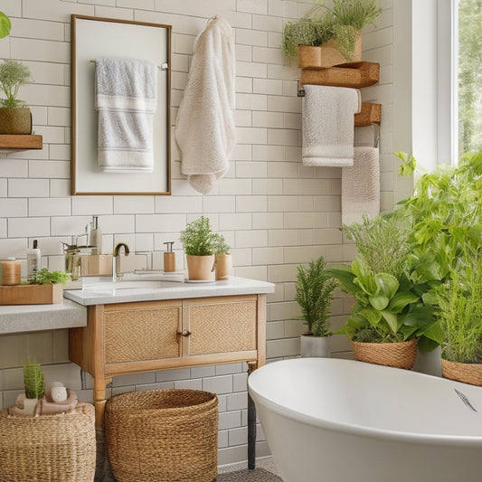 A clutter-free bathroom sink area with a sleek, wall-mounted cabinet, a tiered countertop organizer, and a woven basket containing rolled towels, surrounded by a few decorative plants and a modern faucet.