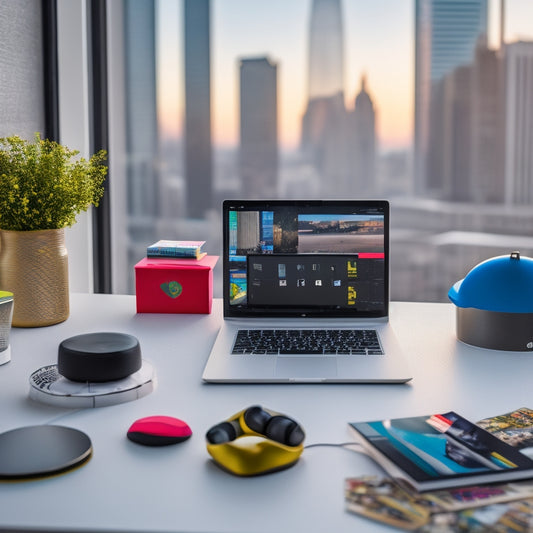 A minimalist desk with a sleek laptop, a vibrant digital tablet, and a pair of trendy wireless earbuds, surrounded by colorful digital stickers and washi tapes, amidst a blurred cityscape background.