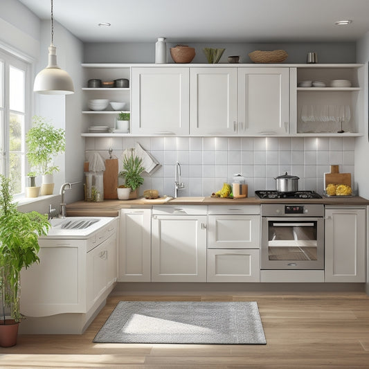 A tidy, L-shaped kitchen with light-wood cabinets, white countertops, and a few strategically placed storage solutions: a rotating lazy Susan, a pull-out trash can, and a wall-mounted pot rack.