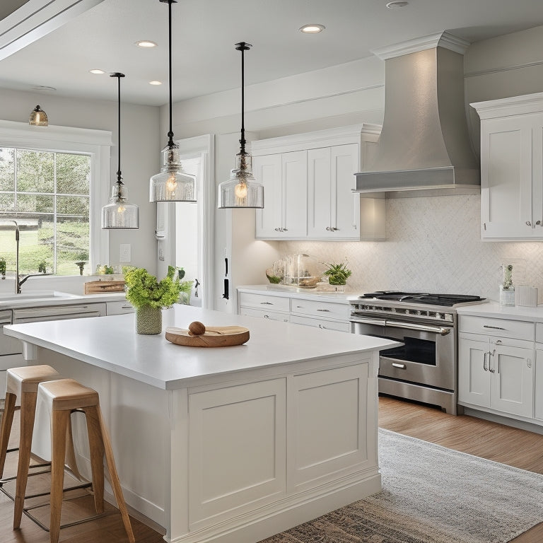 A U-shaped kitchen with sleek, white cabinets, stainless steel appliances, and a large island in the center, featuring a farmhouse sink, pendant lights, and a decorative backsplash.