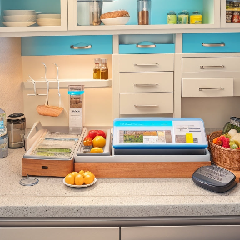 An organized kitchen countertop with a labeled diabetes management station, a utensil organizer with a built-in tablet stand, and a pull-out drawer with categorized storage for medications and supplies.