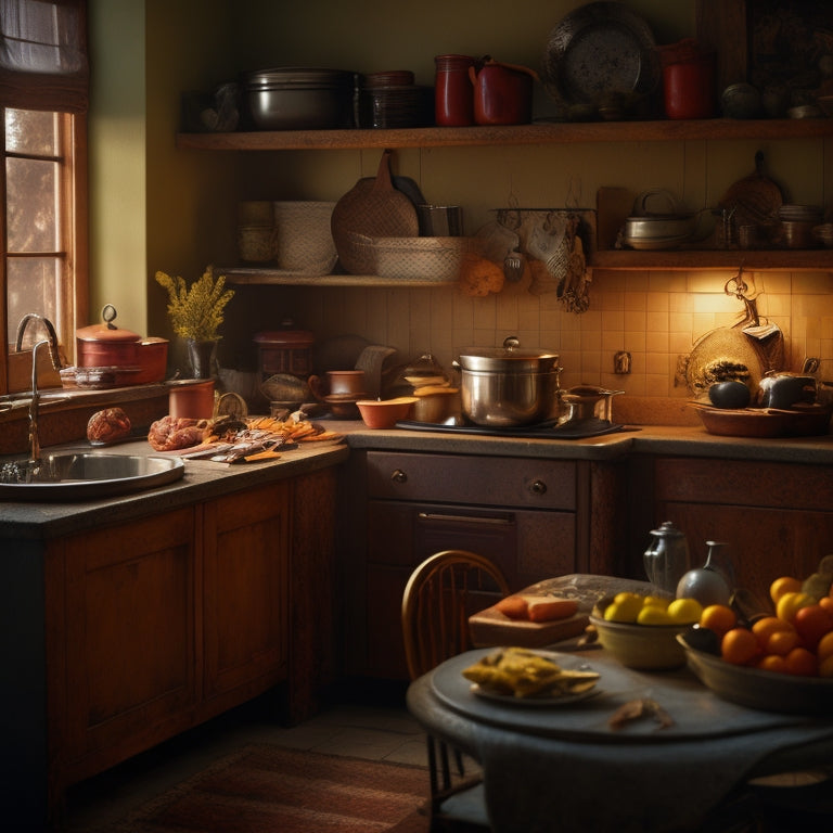 A dimly lit kitchen with a warm, golden light spilling from the countertops, revealing a cluttered corner space with stacked, worn-out cookbooks, dusty appliances, and forgotten utensils.