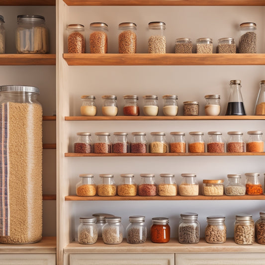 A tidy pantry with open shelves, showcasing a variety of glass jars in different shapes and sizes, filled with grains, spices, and baking supplies, adorned with minimalist labels and rustic twine.