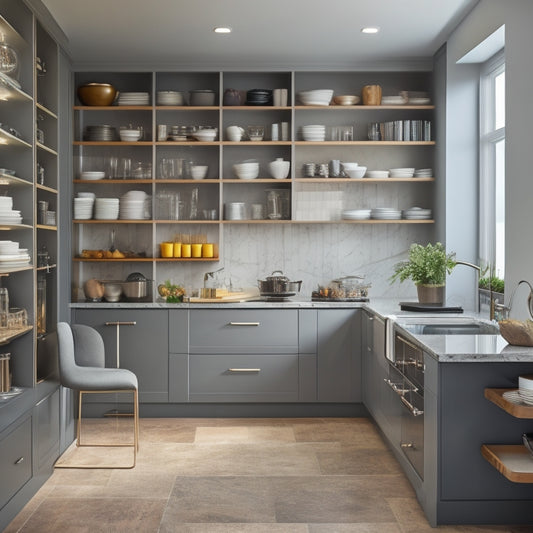 A modern kitchen with a corner featuring a curved, floor-to-ceiling shelving unit with recessed lighting, holding cookbooks and decorative vases, surrounded by sleek, white cabinets and dark hardwood floors.