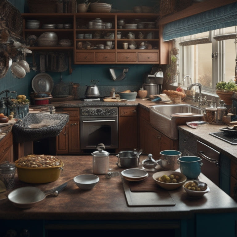 A cluttered kitchen scene with overflowing countertops, dirty dishes piled high in the sink, and a messy island with appliances and utensils scattered about, amidst a backdrop of worn and stained cabinets.