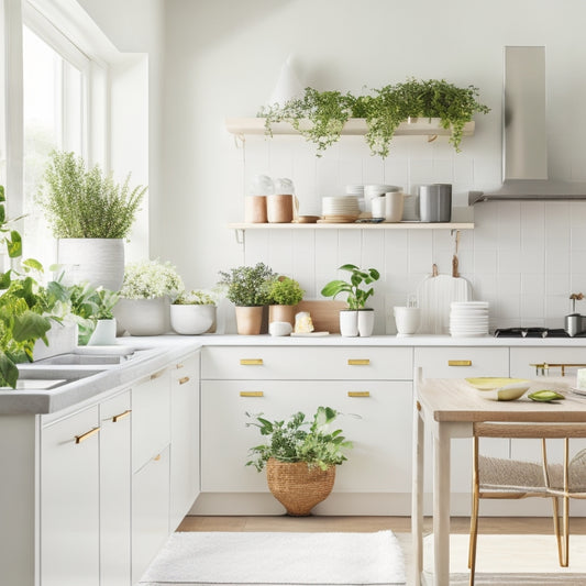 A bright, airy kitchen with a few, carefully-placed, minimalist decor pieces, featuring a tidy utensil organizer, a few neatly-stacked plates, and a small, potted herb plant on a sleek, white countertop.
