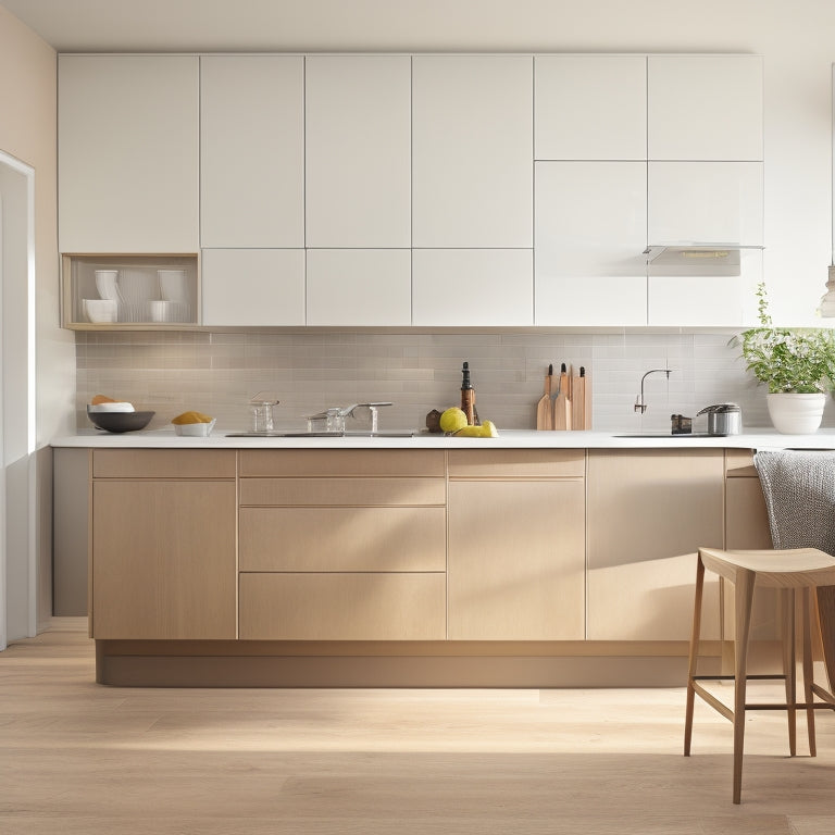 A minimalist kitchen with sleek, handle-less cabinets, a compact island, and a wall-mounted foldable table, set against a light-gray backsplash and warm, honey-colored hardwood flooring.