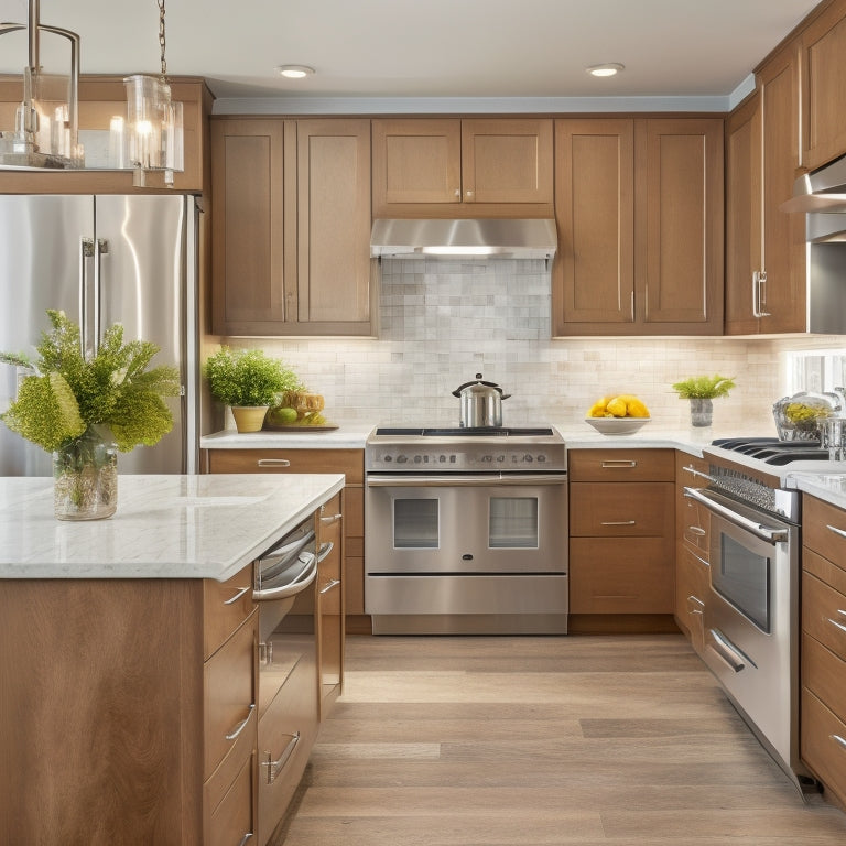 A bright, modern kitchen with sleek, refinished cabinets in a warm, honey-brown wood tone, adorned with new, polished silver hardware, and surrounded by crisp, white countertops and gleaming, stainless steel appliances.