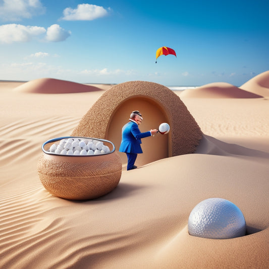 A whimsical illustration of a businessman trapped in a giant sandcastle, with a briefcase and tie buried in the sand, surrounded by golf balls and clubs.