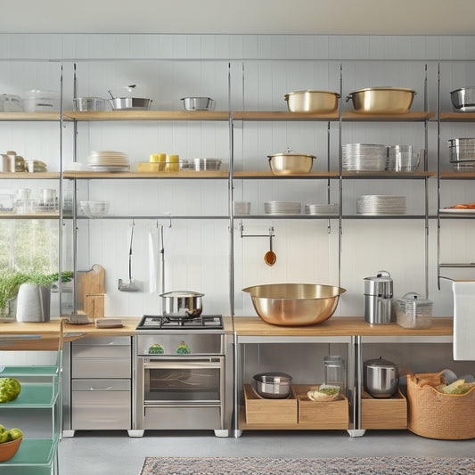 A modern kitchen with sleek, polished stainless steel shelves in a U-shaped configuration, adjustable brackets, and various sizes of baskets and bins holding utensils and cookware.