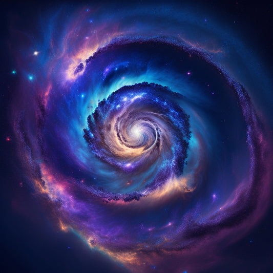 A swirling vortex of galaxies, nebulas, and star clusters against a deep indigo backdrop, surrounded by intricate, glowing celestial maps and diagrams, with a faint, shimmering aura of discovery.