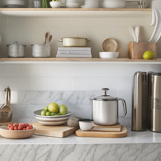 An organized kitchen counter with a few, strategically placed appliances, a small utensil holder, and a tiered wooden shelf holding a few cookbooks, against a light-colored, marble-patterned background.