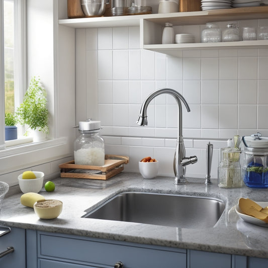 A tidy kitchen sink area with a slide-out trash can, a built-in soap dispenser, and a hanging utensil organizer above, surrounded by sleek white countertops and a gleaming faucet.