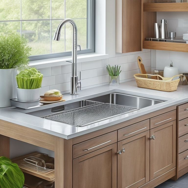 A bright, modern kitchen with a sleek, stainless steel sink and a sliding, adjustable under-sink organizer system featuring multiple tiers, baskets, and a pull-out drawer in a warm, wood-grain finish.